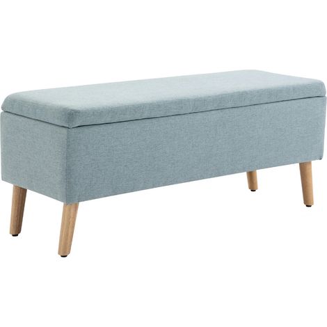 Banc rembourré vert clair rangement 110x39x45 cm polyester lin bois caoutchouc scandinave (1/5)