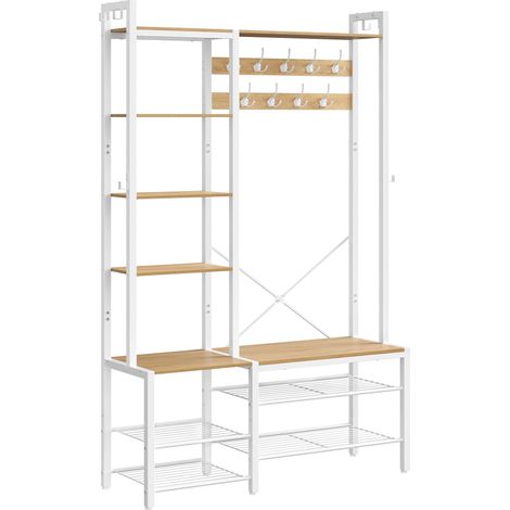 Porte-Manteau, Meuble d’Entrée, avec Porte-Chaussures, 5 Étagères de Rangement, 9 Patères et 6 Crochets Latéraux, 40 x 120 x 190 cm, Doré Chêne et Blanc Nuage HSR426Y01 (1/5)