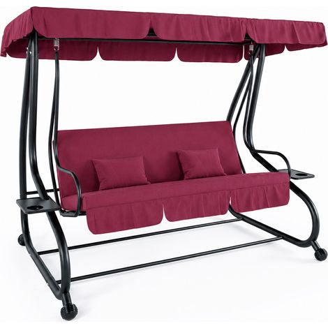 Dondolo 3 Posti Reclinabile Madeira Tettuccio Parasole Regolabile Cuscini Imbottiti Diventa Letto Struttura Robusta In Acciaio Verniciato Giardino Esterno Balcone Terrazzo 200 x 120 x 160 cm Bordeaux