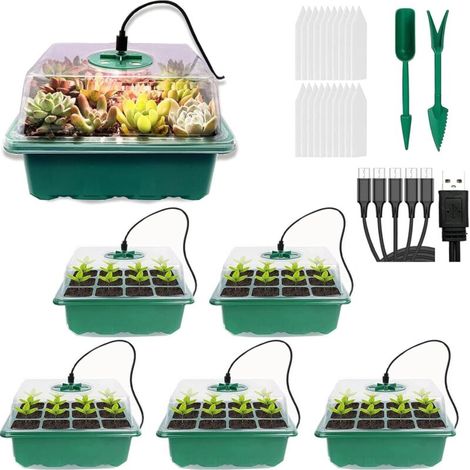 Juego de 5 propagadores con luces, bandejas para semillas, bandejas para semillas con tapas, kit de propagación de mini invernadero para germinación y crecimiento -Crezuo