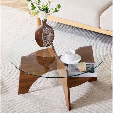 Table d'appoint ronde 80x80x36 cm transparente en verre de sécurité et MDF aspect noyer avec piétement design (1/5)