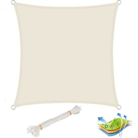 Voile d’ombrage carré en polyester, protection contre le soleil avec protection UV pour jardin ou camping,2x2 m, Crème