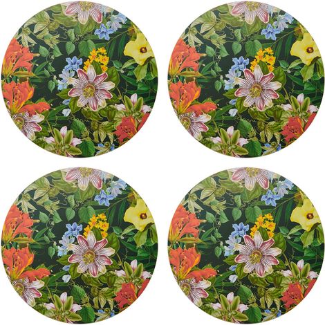 Creative Tops Set de 4 runde Tischsets mit tropischem Blumendruck, Korkrücken, hitze- und schmutzabweisend, Oberflächenschutz de bis 120°C, 40 x 29 cm