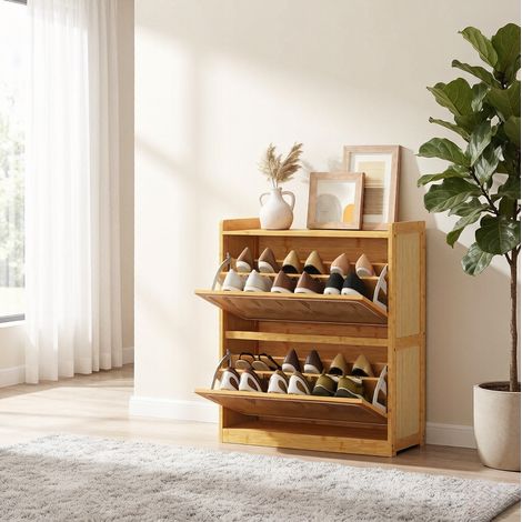 Meuble à chaussures 12 à 14 paires avec 2 compartiments abattants 69x29x83 cm bambou naturel (1/5)
