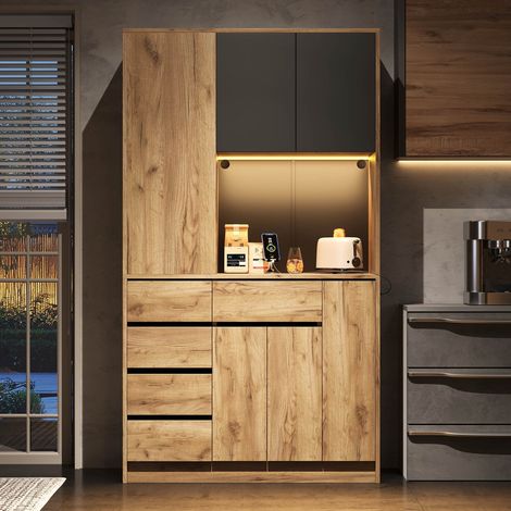 Armoire de cuisine haute - rangement épices coulissant, étagères réglables, éclairage LED, prise - MDF - neutre - 185x105x40cm (1/5)