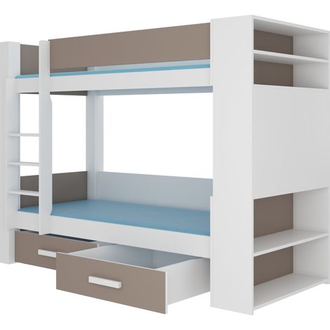 Lit superposé blanc et taupe 2 couchages 90x200 avec rangement Mila (1/5)