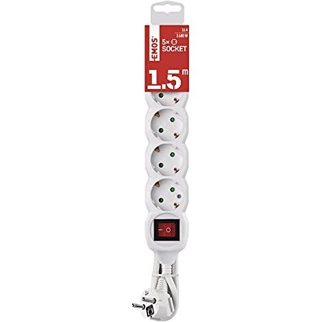 EMOS - Ciabatta elettrica a 5 prese da 1,5 m con interruttore - 5 prese Schuko ruotate 45° - 250 V, 16 A, 3680 W - Isolamento in PVC - H05VV-F3G 1,5 mm2 - Maggiore protezione da contatto - IP20 per (1/4)
