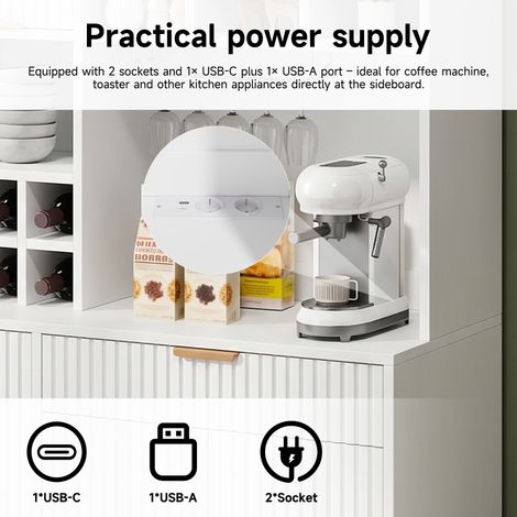 Buffet haut, meuble de rangement salle à manger 100x40x175 cm, étagères multiples, prise intégrée et ports USB-C/USB-A, avec porte-verres et rangement bouteilles, blanc (1/5)