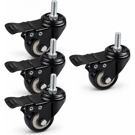 Set di 4 ruote piroettanti con freno - Ruota in gomma da 40 mm con filettatura M8 - Ruote per trasporto resistenti con capacità di carico di 60 kg - Ruote universali per mobili e armadi, per banchi... (1/5)