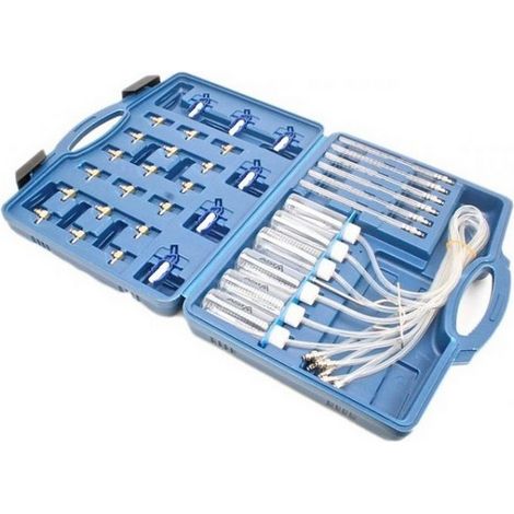 Coffret testeur common rail retour injecteurs diesel – Mesure de refoulement par cylindres – 24 adaptateurs pour Denso, Siemens, Delphi, Bosch – Asta
