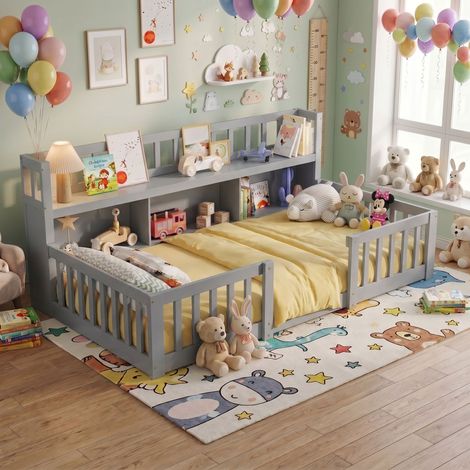 Letto per bambini in legno 90x200 cm, lettino, letto singolo con contenitore e sponde di sicurezza, rete inclusa, per cameretta, grigio