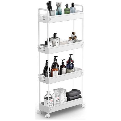 Chariot de rangement fin, chariot de rangement roulant pour salle de bain à 4 niveaux, chariot d'organisation mobile pour bureau, salle de bain, cuisine et buanderie, espaces restreints, blanc (1/3)