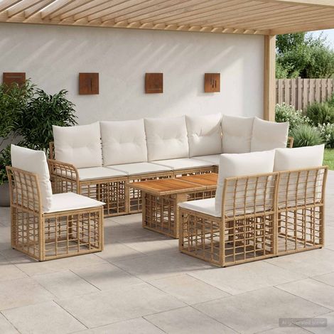 vidaXL Set Divano da Giardino 9 pz Naturale e Bianco Crema polyrattan (1/5)
