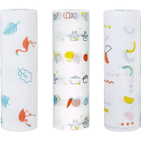 Rouleau de lingettes nettoyantes jetables, usage humide ou sec, en tissu non tissé imprimé, torchons jetables à vaisselle (1/4)