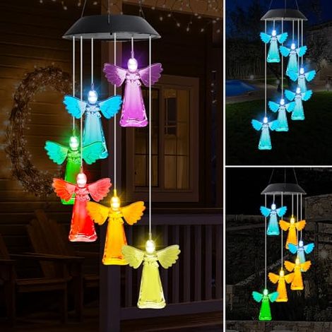 Carillon solaire à LED de 71 cm (28 pouces), carillon éolien solaire en forme d'ange avec lumière à changement de couleur, mobile à suspendre pour l'extérieur et la décoration de la maison et du jardi (1/5)