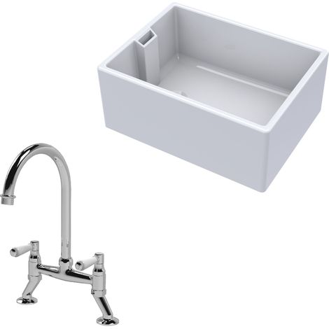 Fireclay Kitchen Bundle 1 Bowl Belfast Sink with Bridge Mixer Tap, 615mm - Chrome Finish - Includes Waste