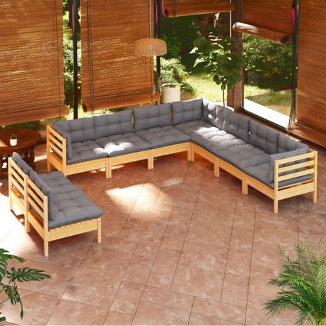9-tlg. Garten-Lounge-Set mit Grauen Kissen Massivholz Kiefer vidaXL (1/5)