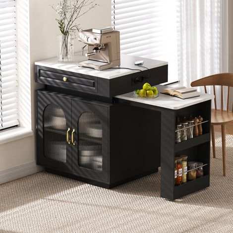 Îlot central de cuisine extensible - MODERNLUXE - 128x71x92 cm - Éclairage LED intégré - Prise de courant - Noir + blanc (1/5)