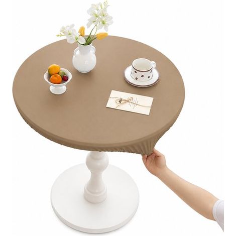 Nappe ronde d'extérieur Ø110 cm en cuir PU imperméable, bord élastique sans pinces, amovible et coupe-vent, pour jardin et terrasse, kaki (1/5)