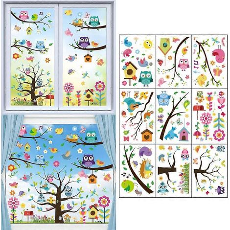 Autocollants élégants pour fenêtres, 106 pièces, 9 feuilles, motifs fleurs, papillons, arbres et oiseaux. (1/4)