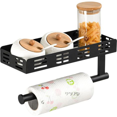 Porte-essuie-tout mural en acier au carbone, étagère de rangement cuisine avec 4 crochets, support papier toilette adhésif ou à percer pour cuisine et salle de bain, noir