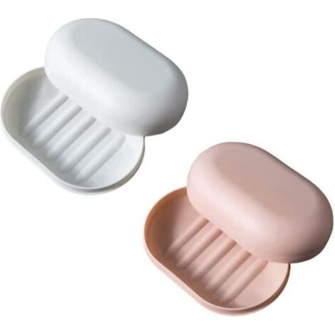 Lot de 2 Boîtiers à Savon de Voyage - Rose & Blanc - 11 x 7 cm, Étanche, Refermable, Pour Douche et Randonnée (1/4)