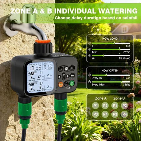 Minuterie intelligente d’arrosage à deux zones avec retard pluie et mode manuel pour jardin (1/5)