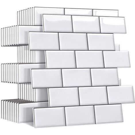 Plus épais Credence Adhesive pour Cuisine Salle de Bain, Faux Carrelage Adhesif Mural Blanc Credence Cuisine Adhesive, ImperméAble 3d Dalle PVC Adhesive Murale, 10 Pièces,3030cm,Blanc (1/4)