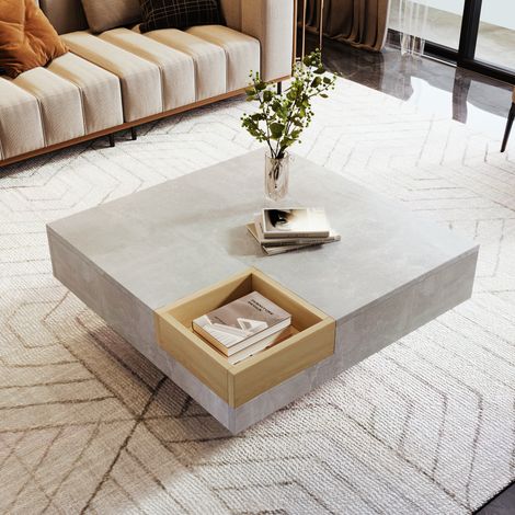 Mesas de centro fijas 72x72x30cm, 1 compartimento de almacenamiento extraíble, mesa de centro rectangular, aglomerado, gris (1/5)