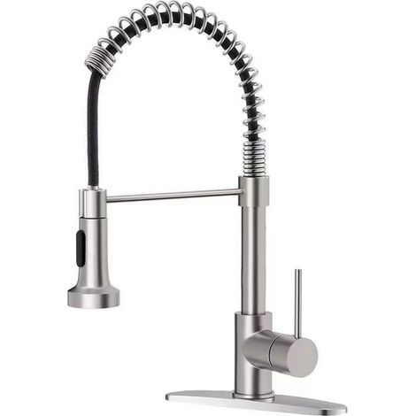 (Argent) Robinet d'évier de cuisine en acier inoxydable avec bec à ressort, rotation à 360 degrés, double usage eau chaude et eau froide. (1/5)
