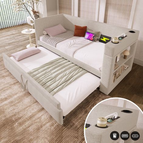 Canapé-lit 1 place 90x190 cm avec lit gigogne et accoudoirs chargeurs USB/USB-C. Revêtement lin beige (sans matelas)