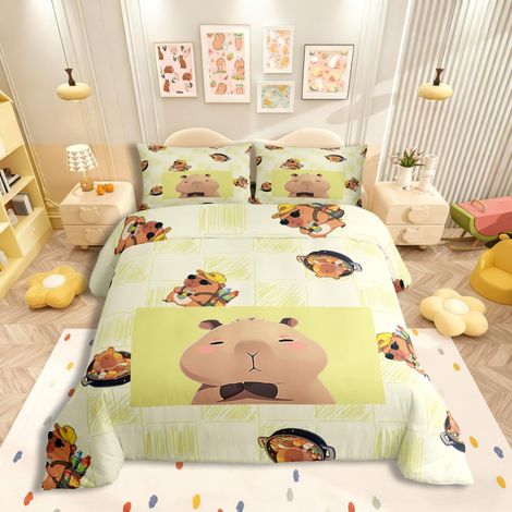 Parure de lit avec housse de couette 135 x 200 cm, pour enfants, garçons et filles, amoureux des animaux, motif de buffalo, à carreaux mignons, réversible, jaune citron, décoration (1/5)
