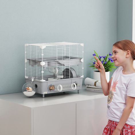 Gris et blanc - Cage pour hamster : 2 niveaux et 3 portes avec roue, litière et tubes de jeu, cage pour animaux en acier, 5x28x44 cm