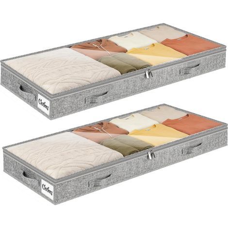 Lot de 2 Boite Rangement sous Lit avec Poignée Renforcé, Grande Sac Rangement Vetement Pliable, Bacs de Rangement pour Couettes, Vêtements, Draps, Chambre à coucher, Placard, 100x50x10cm, 50L, Gris (1/4)