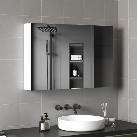 Armoire de salle de bain murale avec 3 portes miroir et étagères en bois réglables, 90 x 13,5 x 60 cm, blanche (1/5)