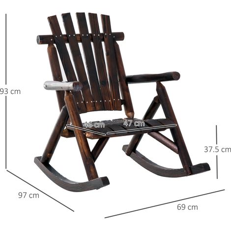 Fauteuil à bascule avec accoudoirs en bois massif brûlé, résistant aux intempéries, 97 x 69 x 93 cm, idéal pour le jardin et la terrasse.