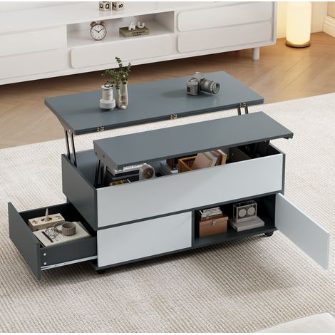 Mesa de centro elevable 100x98x65 cm gris y blanco en tablero de partículas con almacenaje, ruedas y doble tapa hidráulica (1/5)
