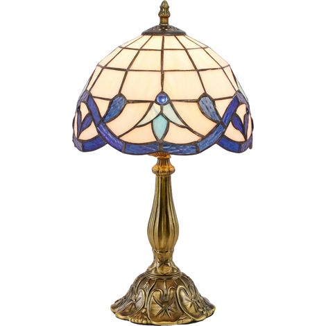 HOMCOM lámpara de mesa Tiffany vintage, lámpara de mesita de noche con coloreado pantalla de vidrio, para dormitorio, salón, E27, azul (1/5)