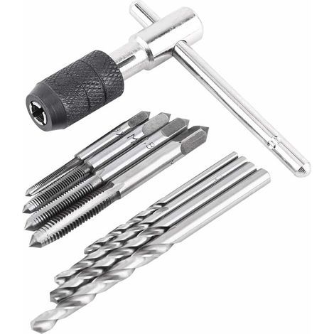 Coffret tarauds et filières Dernières 9 pièces/ensemble M3x0.5/M4x0.7/M5x0.8/M6x1.0 tarauds à vis clé en T forets hélicoïdaux filetage taraudage Kit d'outils à main (1/5)