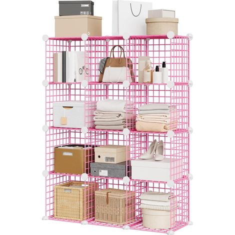 Armoire à cubes modulaire rose en fil métallique 12 cases personnalisable, design ouvert aéré, rangement pour penderie et entrée (1/5)