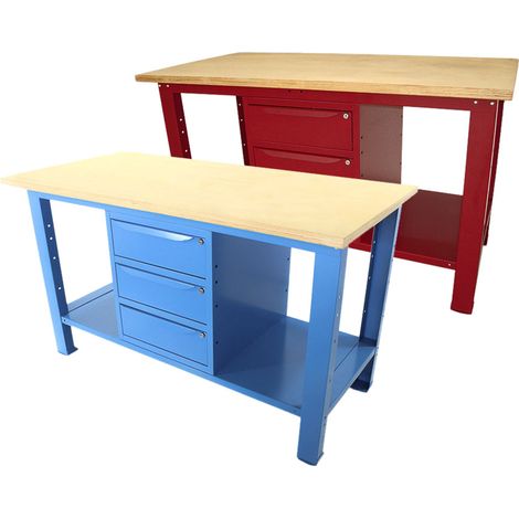 Banco da lavoro SOGI 1,5 metri con piano in legno + armadio a 3 cassetti - blu/rosso, ColoreBlu (1/5)
