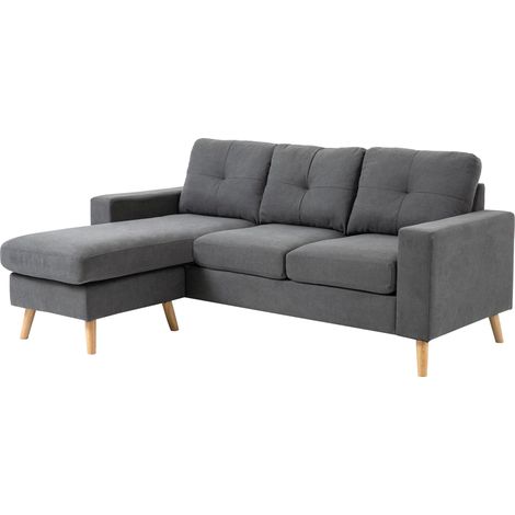 Canapé d'angle scandinave capitonné bois massif aspect lin gris 130 cm