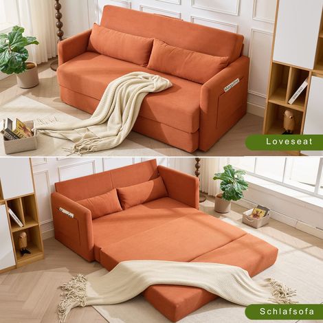 Canapé Convertible 2 places en velours côtelé orange, Canapé d'Angle Moderne ouverture express avec fonction lit 2-en-1, coussins lombaires, rangements latéraux, design compact, montage facile (1/5)