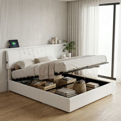 Stauraumbett 160x200 mit Lattenrost, USB/Type-C Anschlüsse, gepolstertes Doppelbett mit Steppmuster, Erwachsenenbett mit verstellbarem Kopfteil, Samt, skandinavischer Stil, Weiß