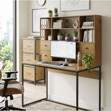 Bureau avec 4 tiroirs et étagères, surface de travail 105x60 cm en bois naturel (1/5)