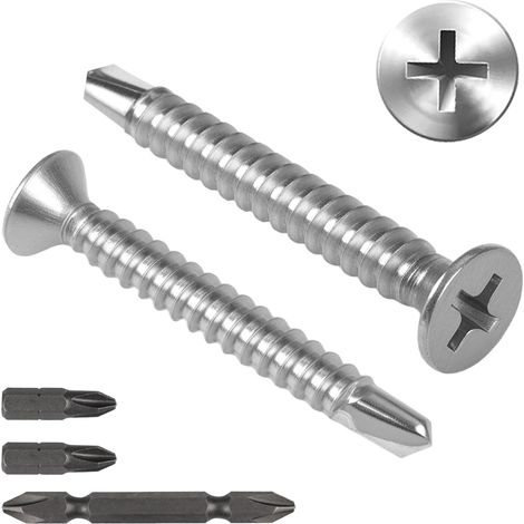 120 Pièces Vis Autoforeuse Metal avec 3 Pièces Forets,M4,2x32mm  Vis Autoperforante en Acier Inoxydable 410,Visse Autotaraudeuse Phillips à Tête Fraisée pour Bois,Tôle,Plastique (Argent) (1/5)