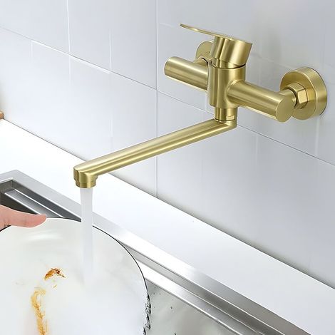 Grifo de cocina mural de acero inoxidable 304 – Giro de 360° – Instalación de 2 orificios – Acabado moderno en oro cepillado (1/5)