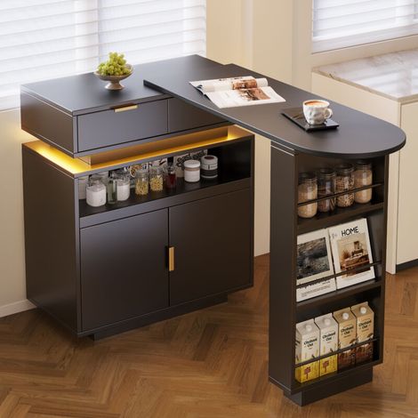 Îlot de cuisine extensible 115‑183 x 40 x 99 cm – LED, plateau rotatif, rangement, table bar MDF noir – Meuble central multifonction (1/5)