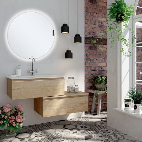 Meuble de salle de bain simple vasque - 2 tiroirs - bambou (chêne clair) - PENA et miroir rond Led SOLEN - 120cm (1/5)
