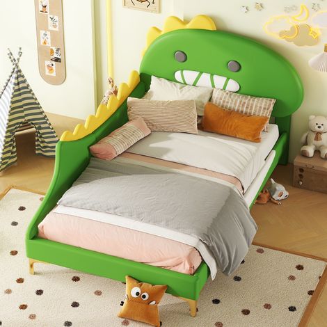 Letto per bambini cartoon dinosauro 90x200 cm, in PU e MDF, verde, con testiera sagomata e rete a doghe (1/5)
